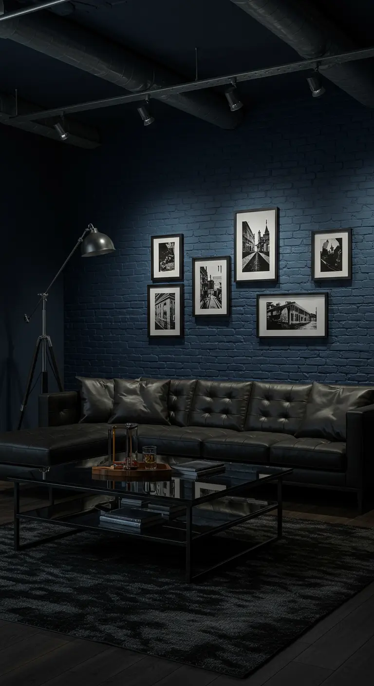 Dark living room with a black leather sofa and a gallery of black-and-white photos.