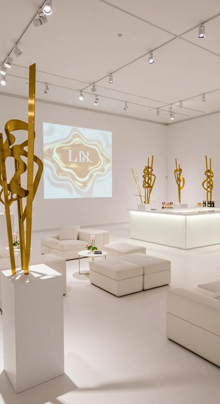 A minimalist white event space with white lounge furniture and abstract gold sculptures on pedestals.