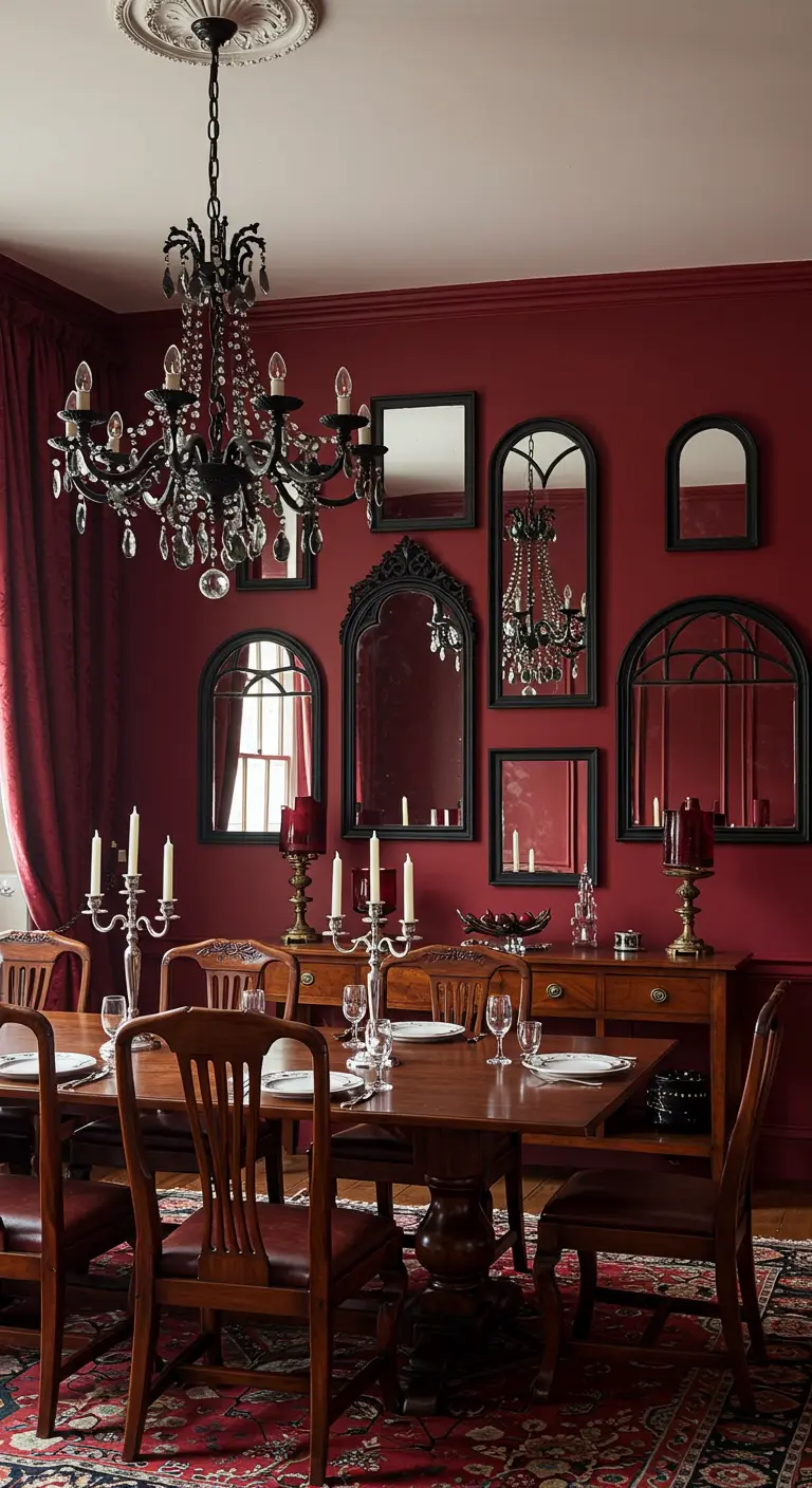 Red dining room with a gallery wall of black-framed mirrors and wood furniture.