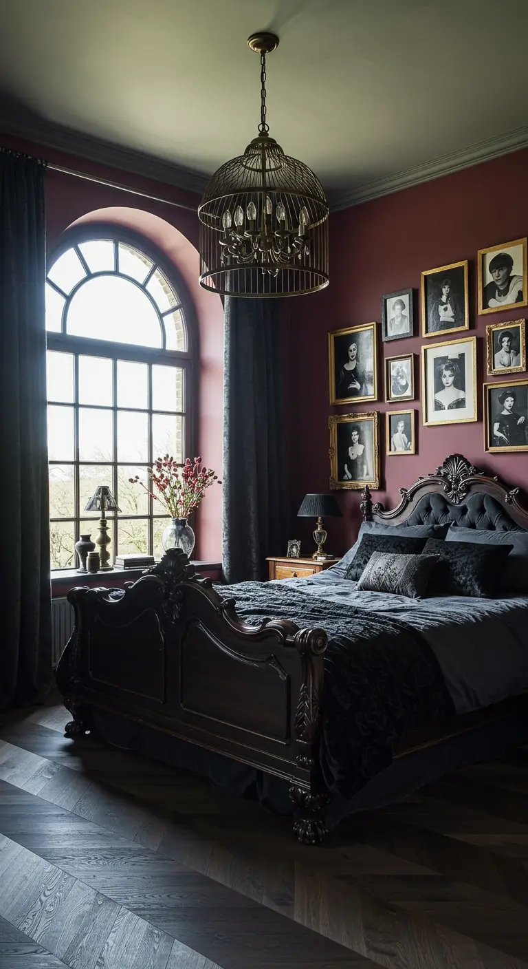 Dark burgundy bedroom with an ornate bed and a gallery wall of vintage portraits.