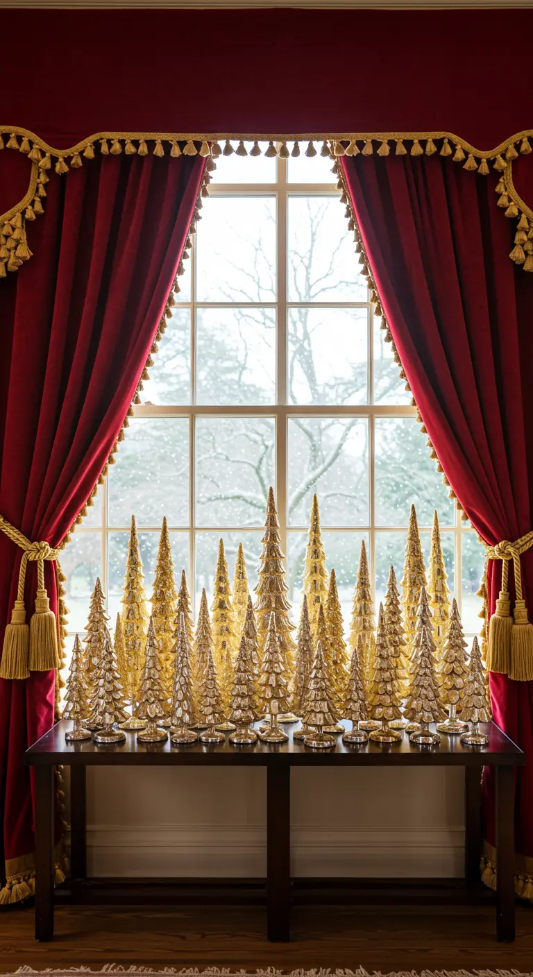 A collection of small gold Christmas trees on a table in front of a window.