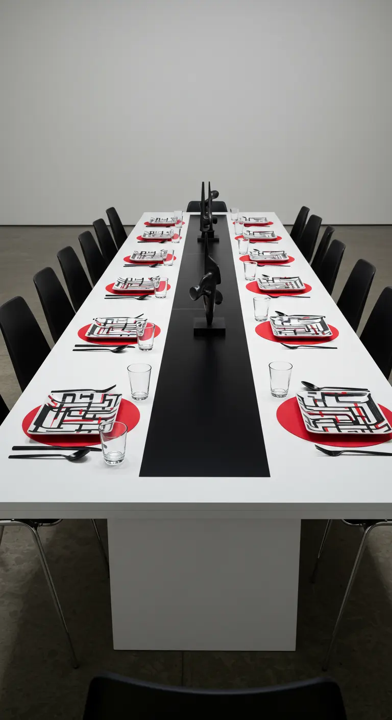 A modern, minimalist table with a black runner, red placemats, and graphic-patterned plates.