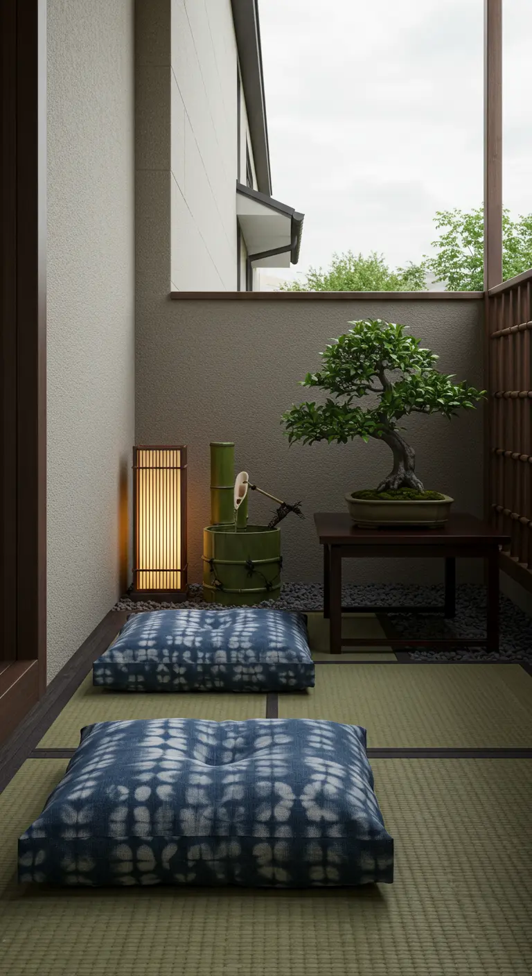 A Japanese-style balcony with shibori cushions, a bonsai tree, and a bamboo water feature.