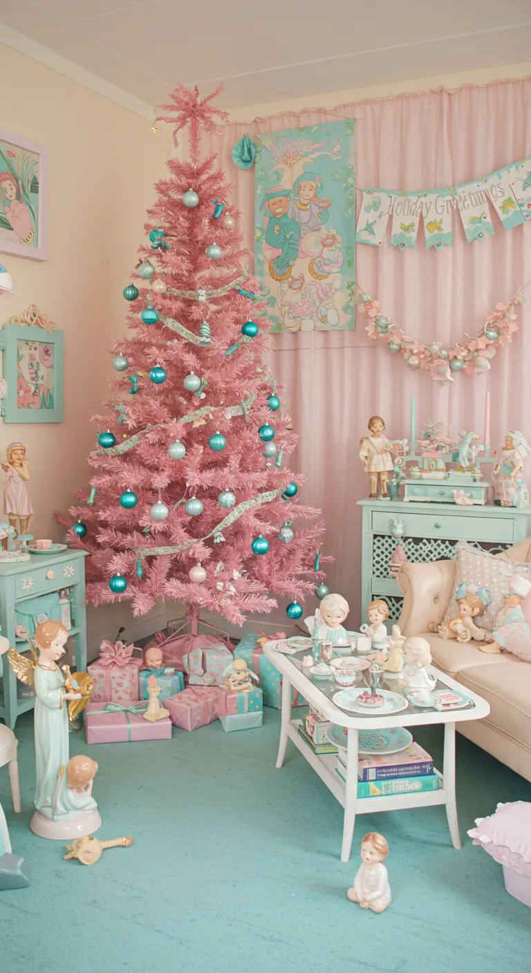 A pink Christmas tree decorated with blue ornaments in a room with pastel decor and angel figurines.