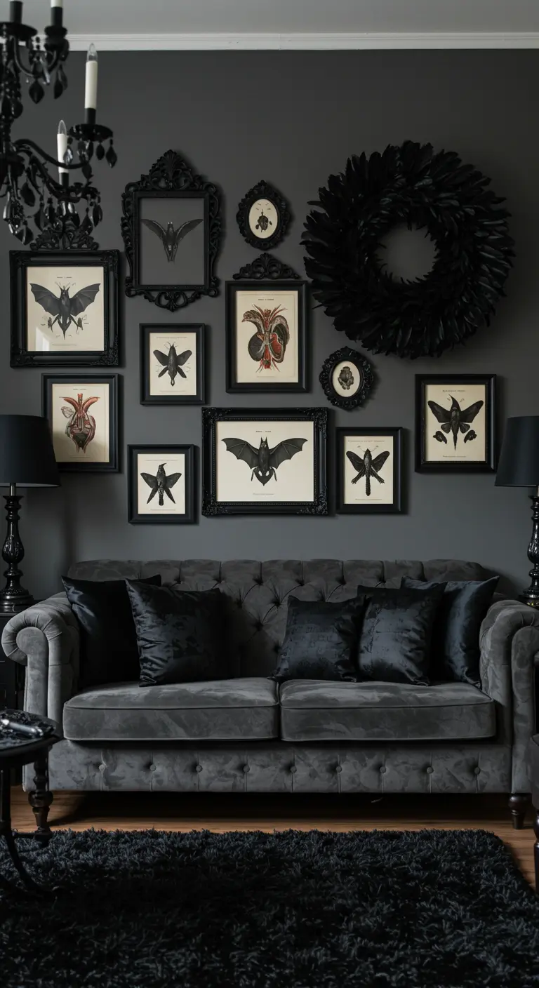 A gallery wall with framed bat illustrations and a black feather wreath above a grey sofa.