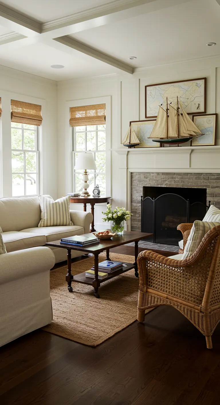 Living room fireplace with vintage ship models displayed on the mantle.