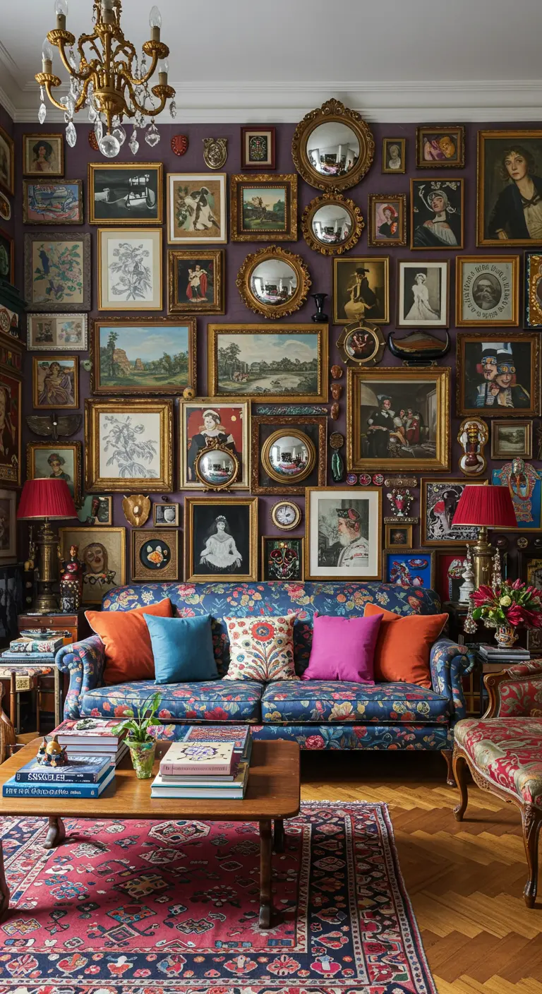 A maximalist gallery wall with ornate gold frames in a living room.