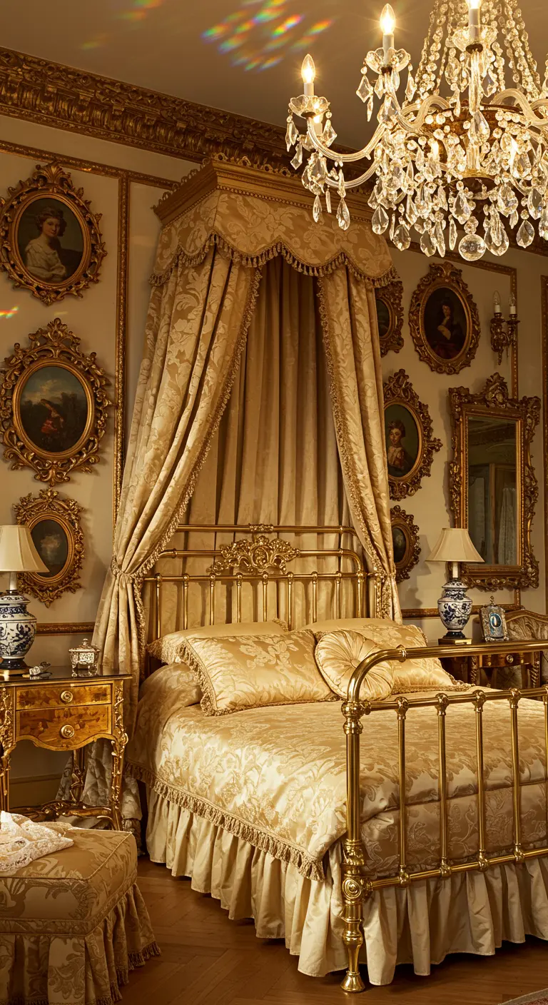 Opulent bedroom filled with gold-framed portraits, a gilded canopy bed, and crystal chandeliers.