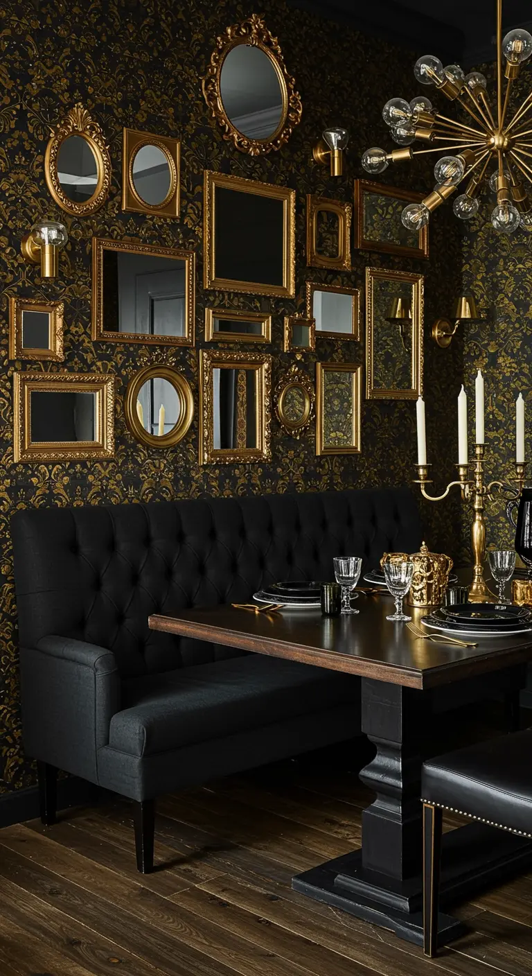 Dining nook with a gallery wall of gold mirrors, damask wallpaper, and a black tufted banquette.