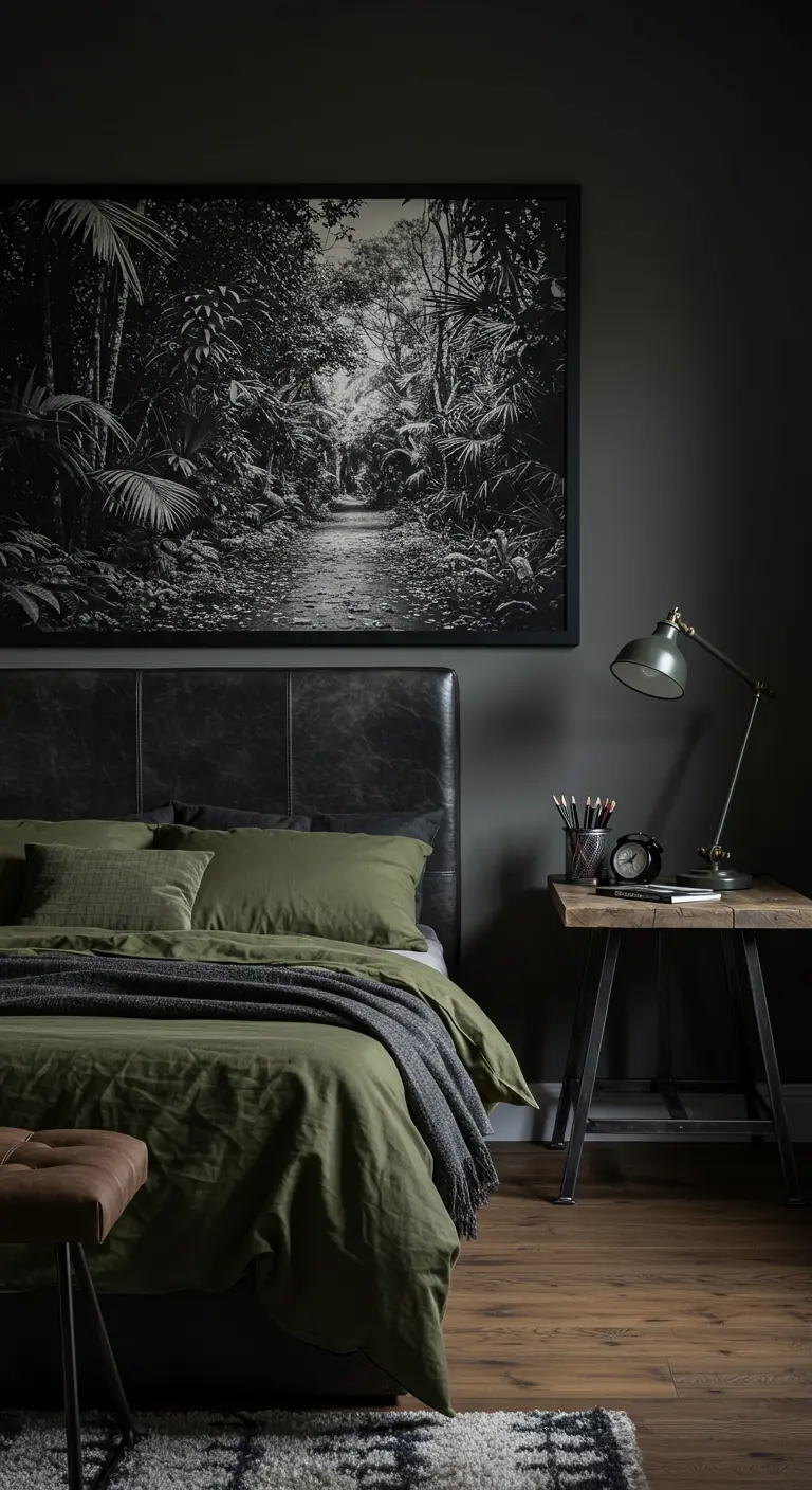 Moody bedroom with dark walls, an olive green duvet, and a large black-and-white jungle photograph.