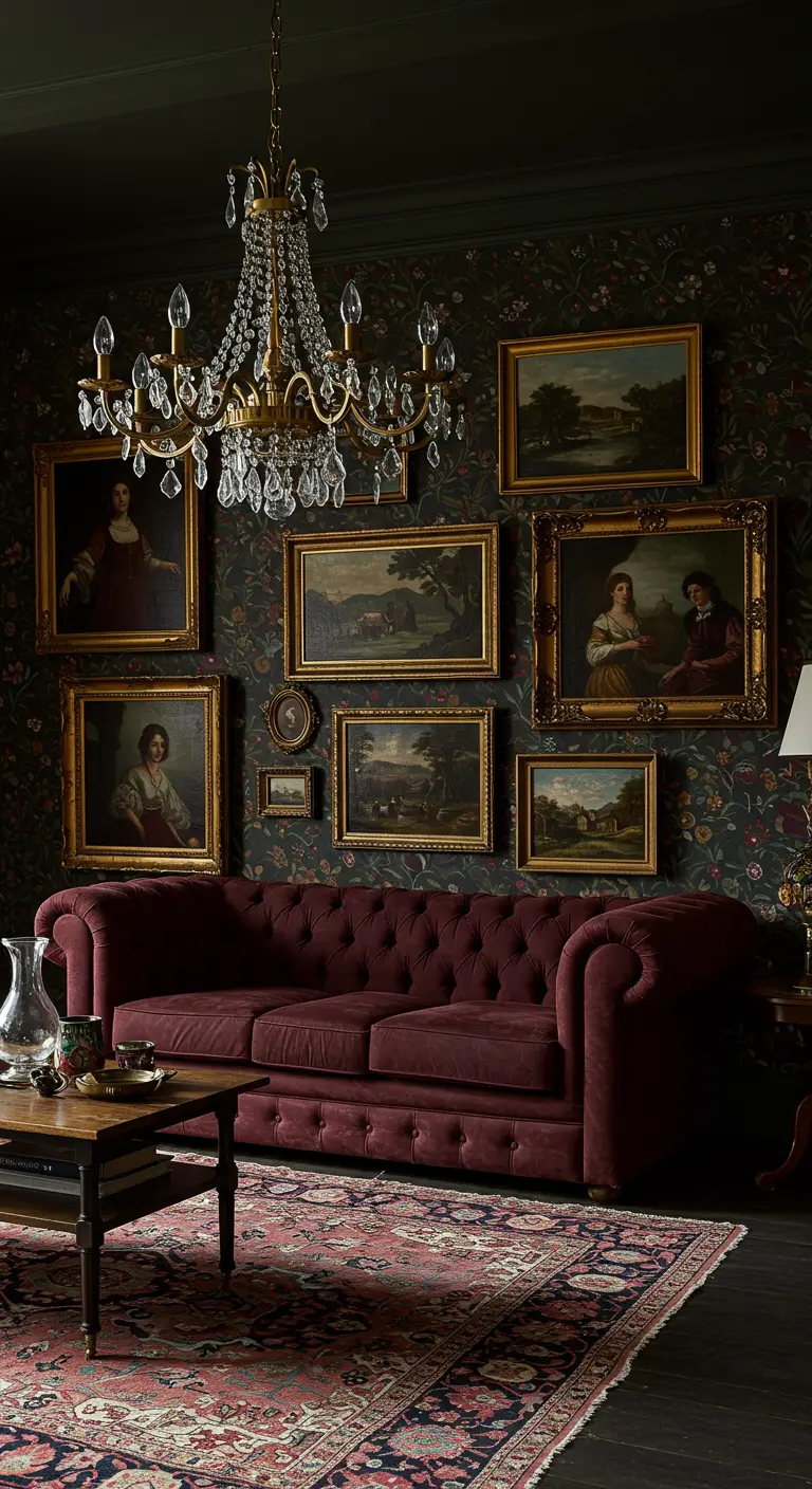 A dark, moody room with a burgundy velvet Chesterfield sofa set against a gallery wall of vintage portraits.