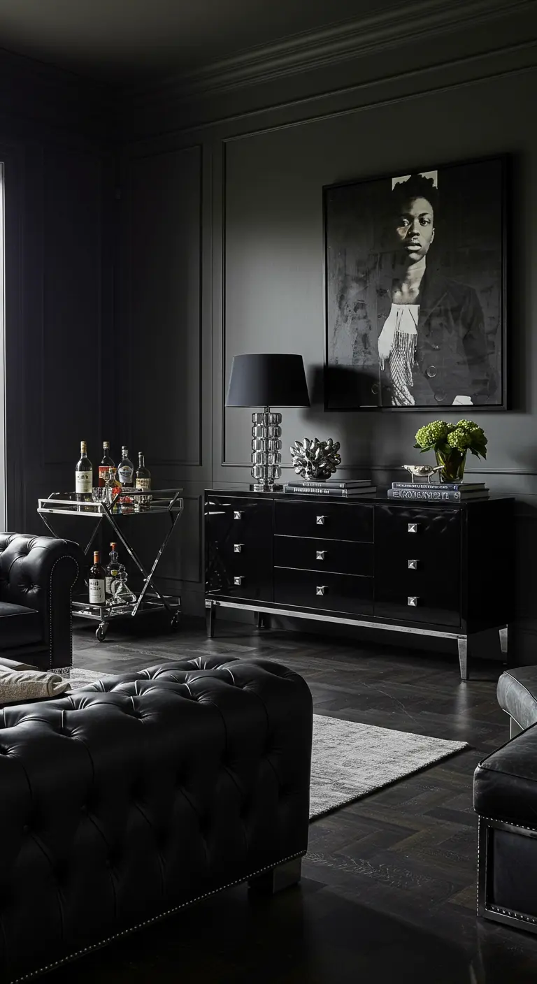 A moody, all-black living room with a leather tufted sofa and a lacquered credenza.