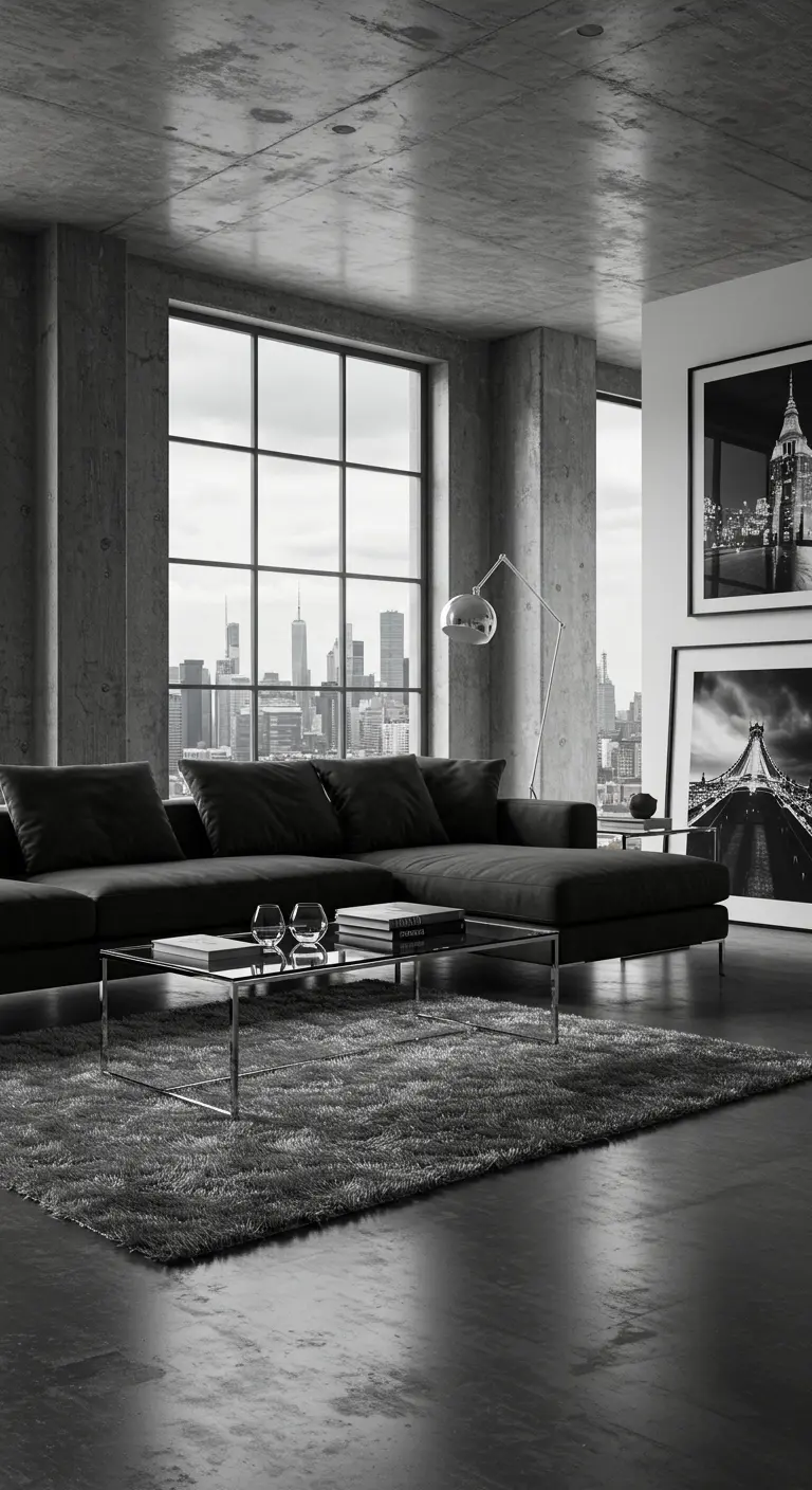 Monochrome loft with a dark grey sectional, shag rug, and large black and white photos.