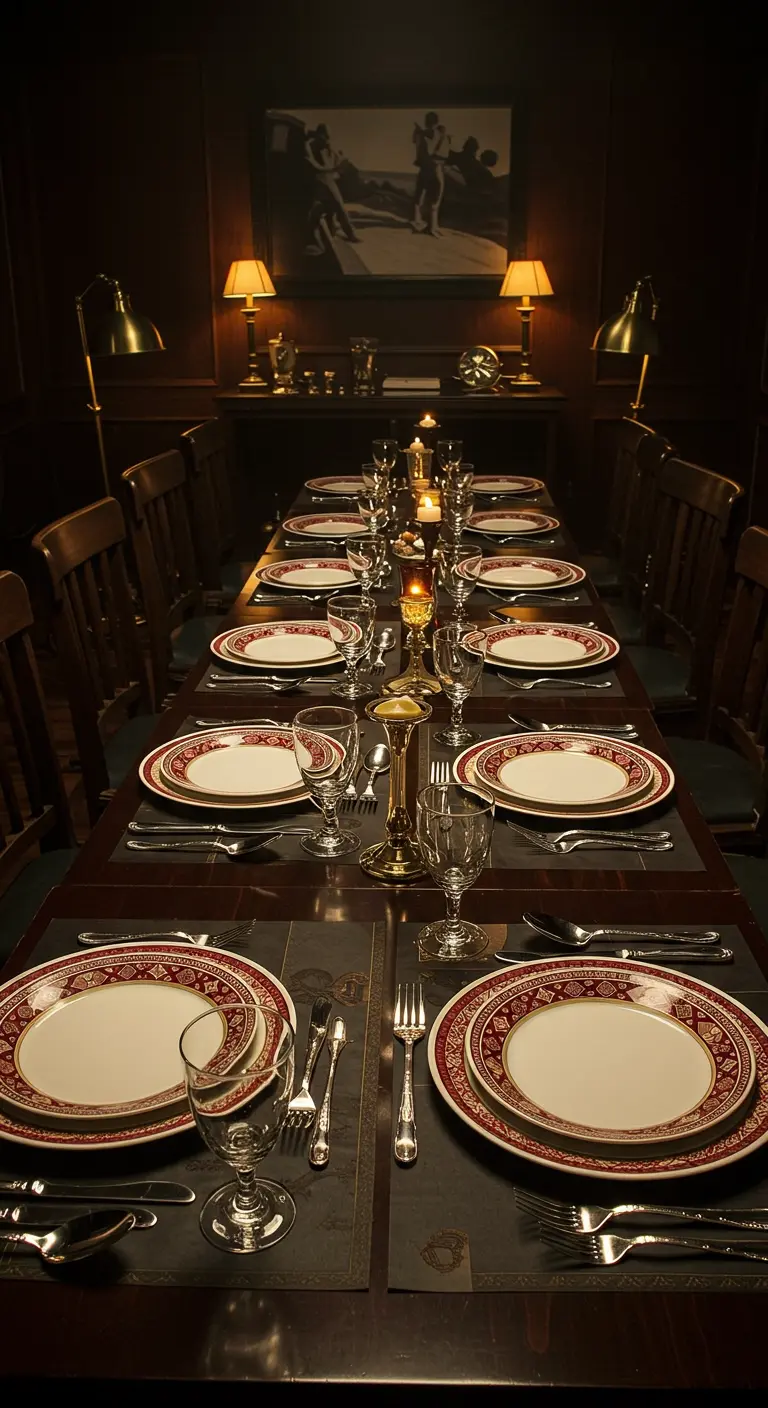 A long, dimly lit dining table in a wood-paneled room.
