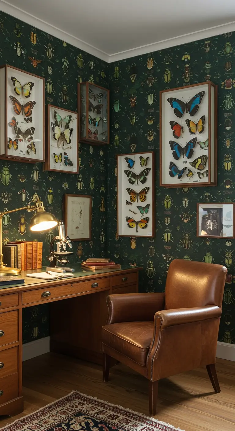 A study with butterfly-print wallpaper and framed butterfly specimens on the walls.