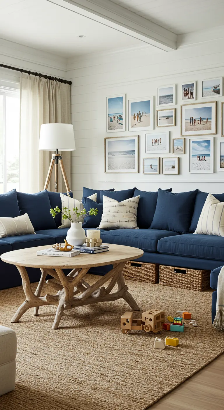 Family-friendly living room with a navy sectional and a gallery wall of beach photos.