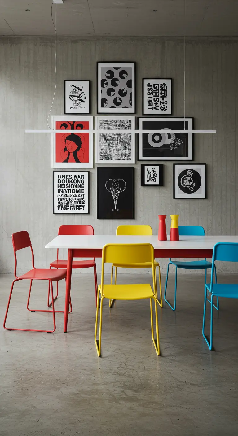 Dining area against a concrete wall with a large gallery wall and colorful metal chairs.