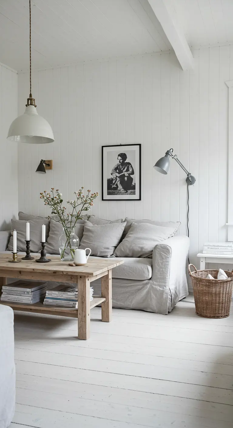 Scandinavian-inspired living room with white walls, a grey slipcovered sofa, and mixed lighting.