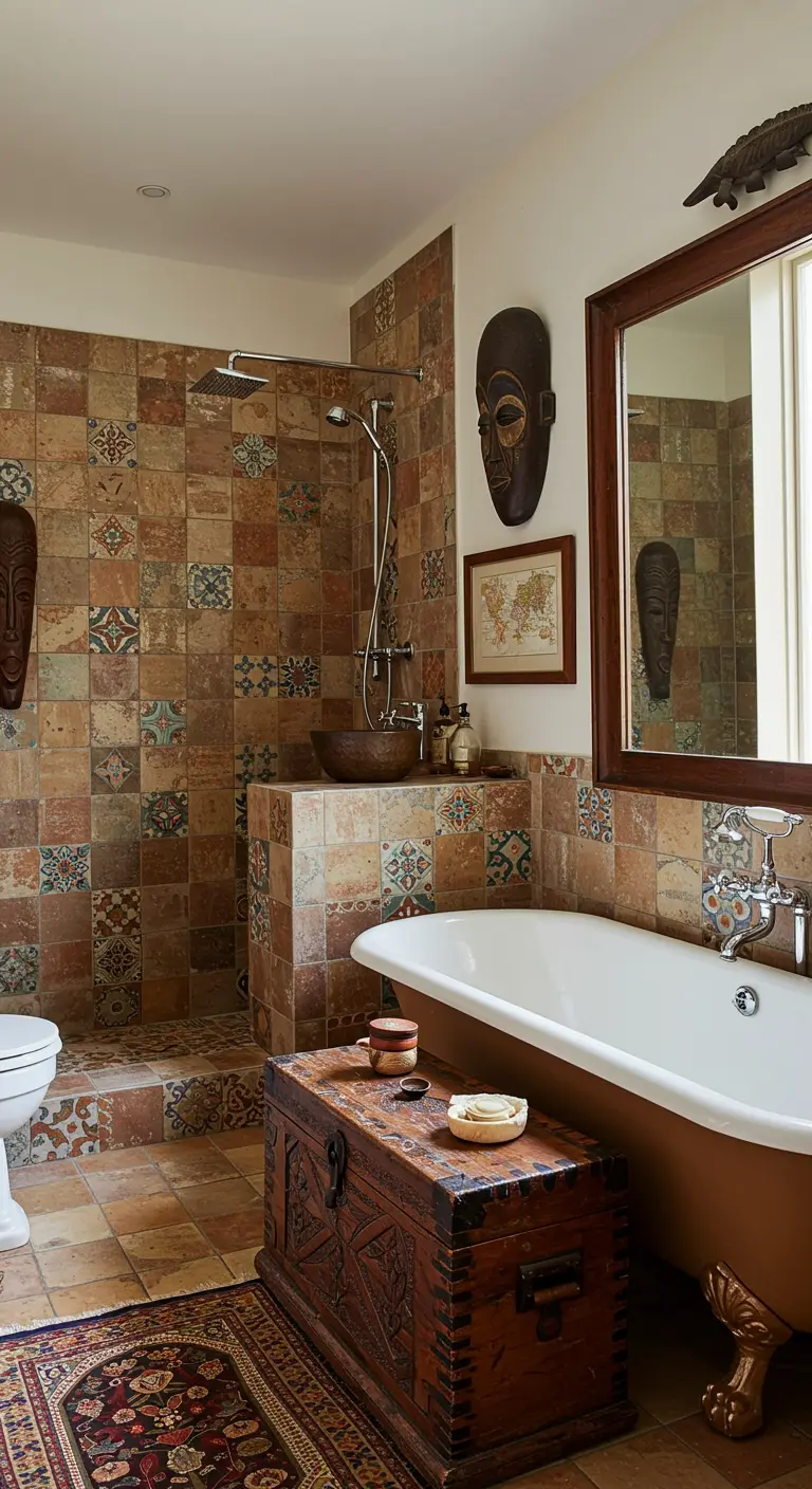 Eclectic bathroom with earthy patchwork tiles, a carved wood trunk, and African masks as decor.