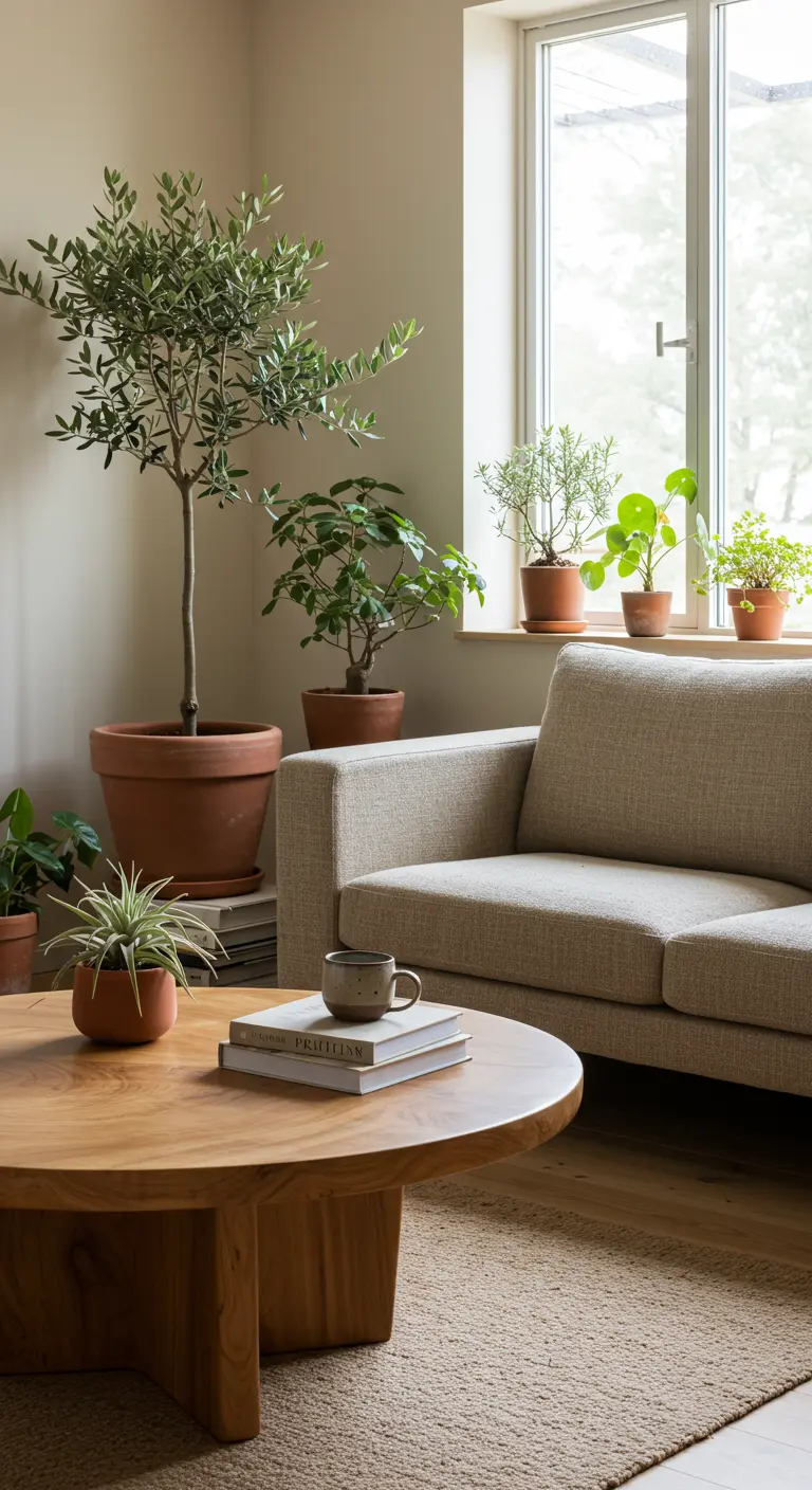 A sunlit living room corner with an olive tree and other plants in terracotta pots.