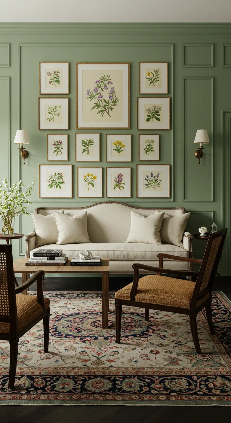 Symmetrical gallery wall of botanical prints above a sofa against a sage green paneled wall.