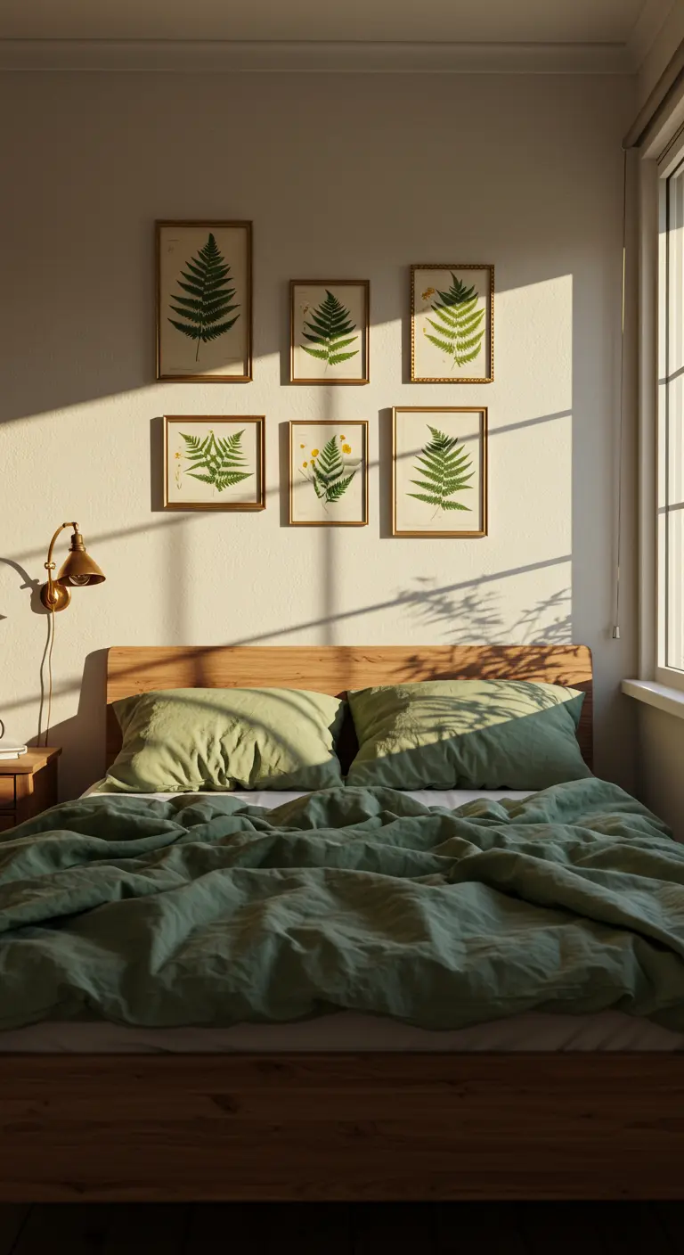 Bedroom with a gallery wall of six framed fern prints above a bed with sage green linen.