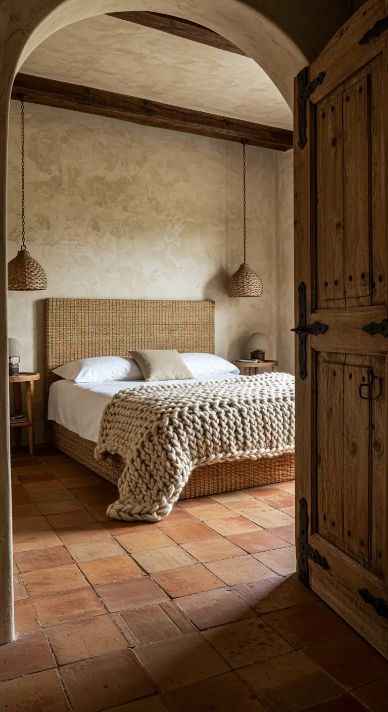 Rustic bedroom with a woven bed frame and chunky knit blanket, seen through a wooden door.