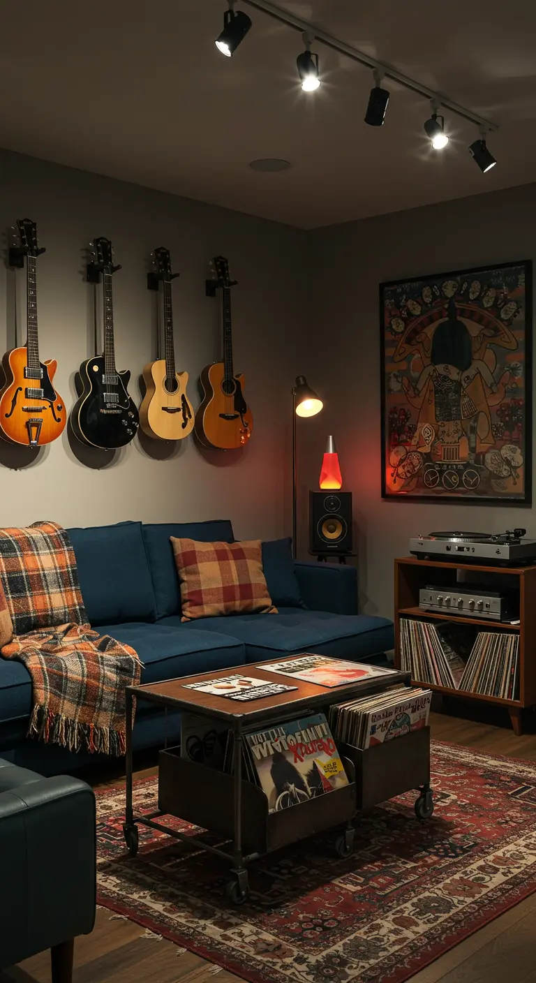 A cozy music room with guitars on the wall, a record player, and a crate for vinyl storage.