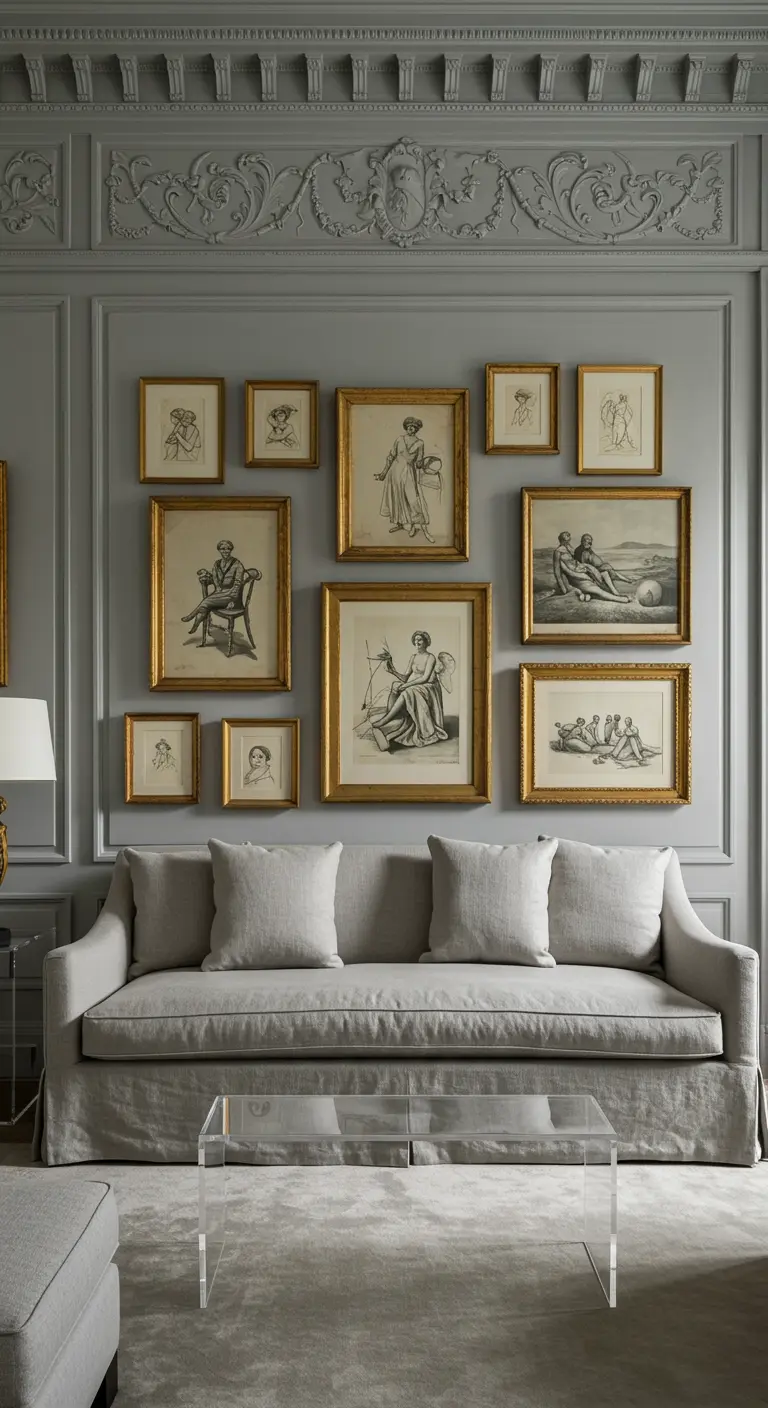 Gray neoclassical living room with a slipcovered sofa and a large gallery wall of classical drawings.