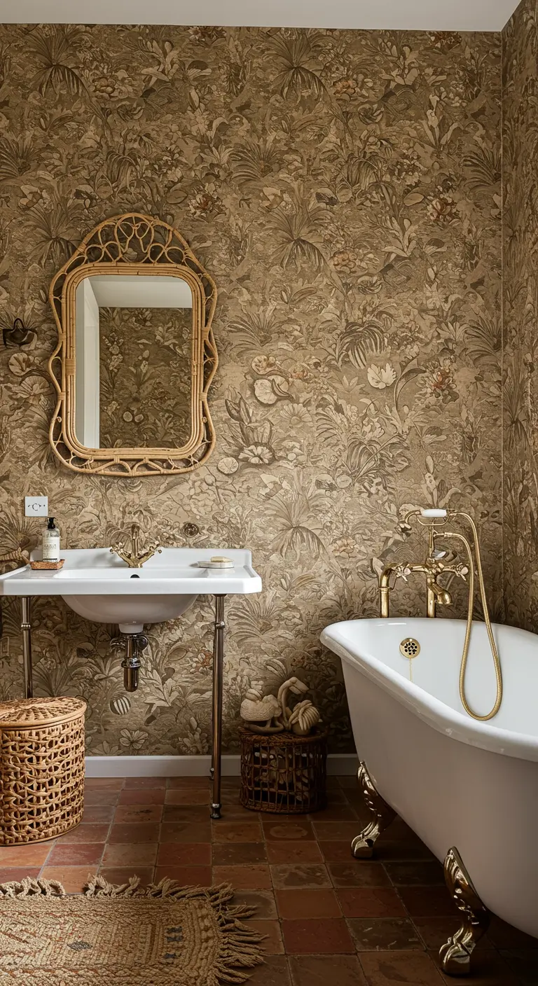 Vintage-style bathroom with sepia-toned jungle wallpaper and a clawfoot tub.