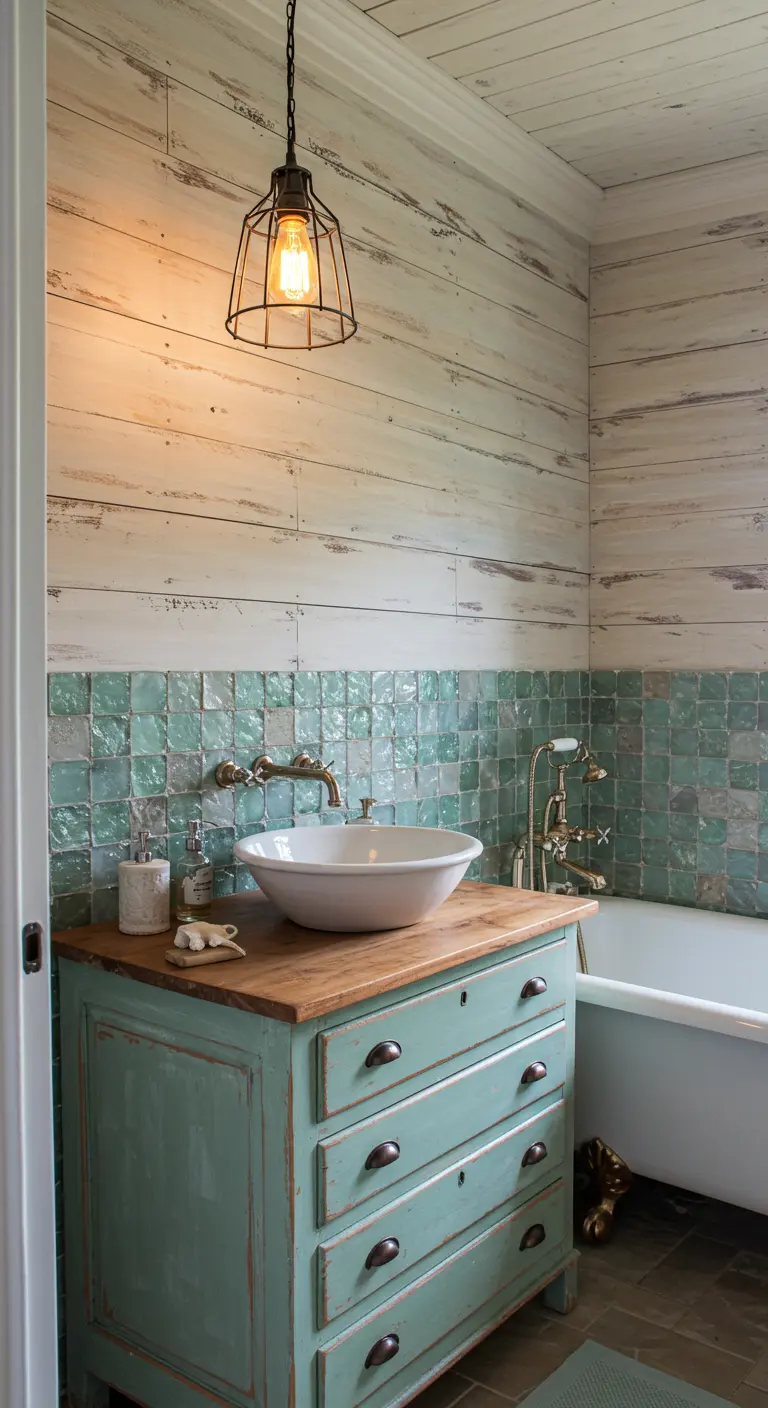 Vintage bathroom with a distressed green dresser vanity and weathered shiplap.