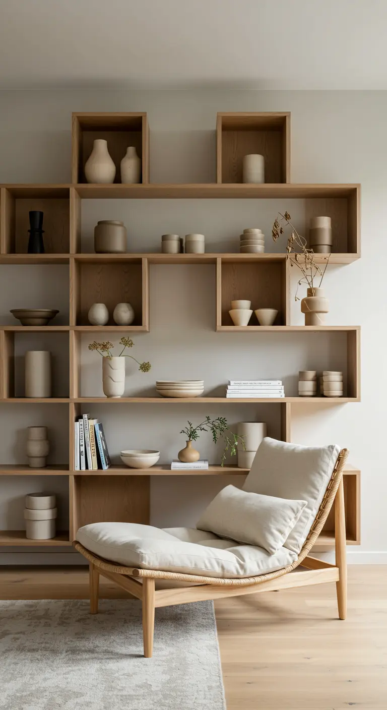 A wall of modular light-wood shelving boxes filled with neutral ceramics, next to a lounge chair.
