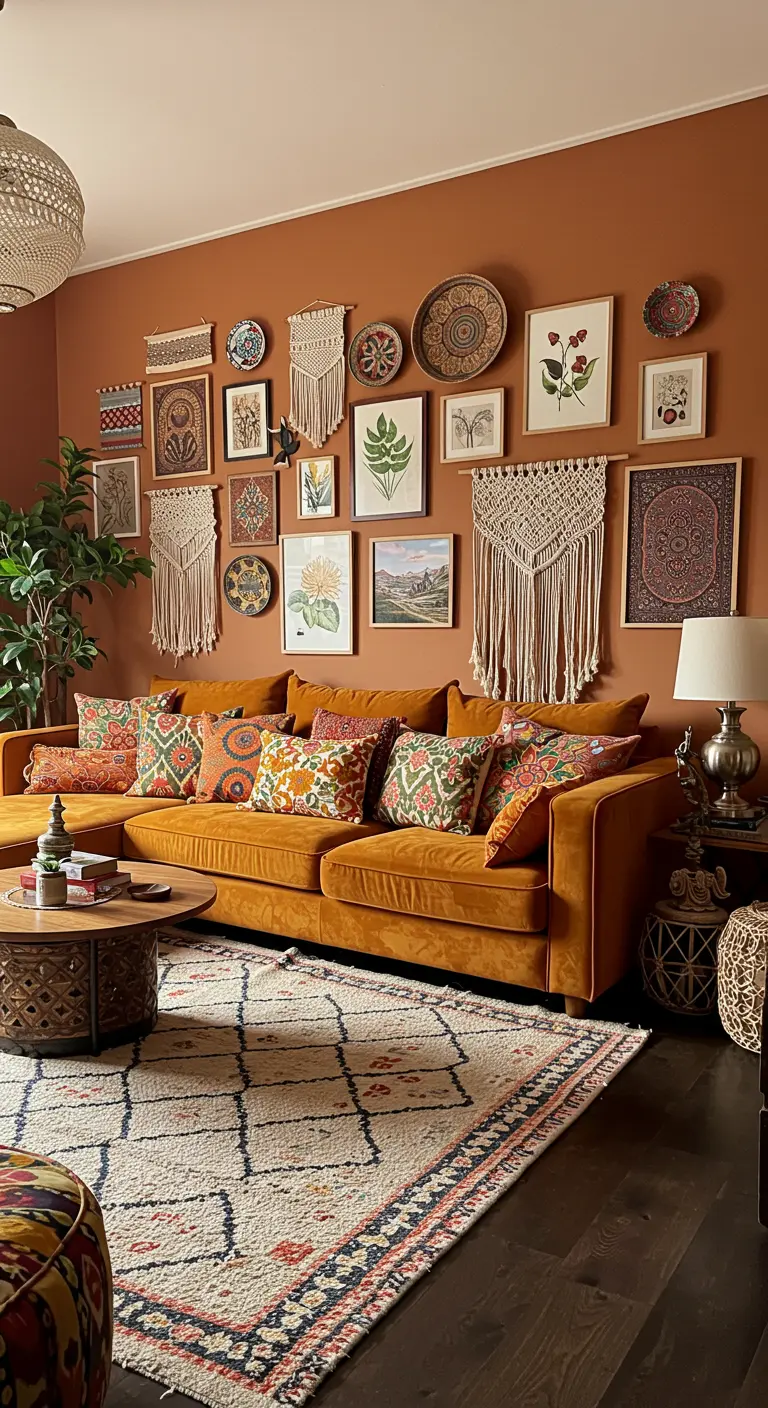 Terracotta-colored sectional in front of a gallery wall with macrame and framed prints.