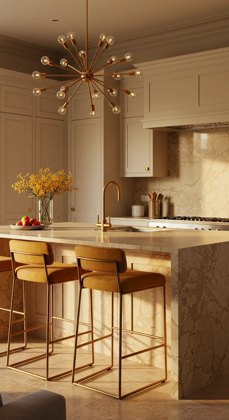 A warm, neutral kitchen with beige marble, mustard yellow velvet stools, and a brass Sputnik chandelier.