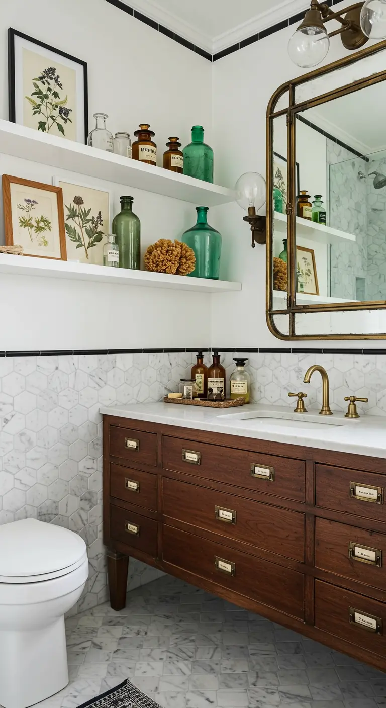 A vintage-style bathroom with open shelves displaying apothecary jars and botanical art.