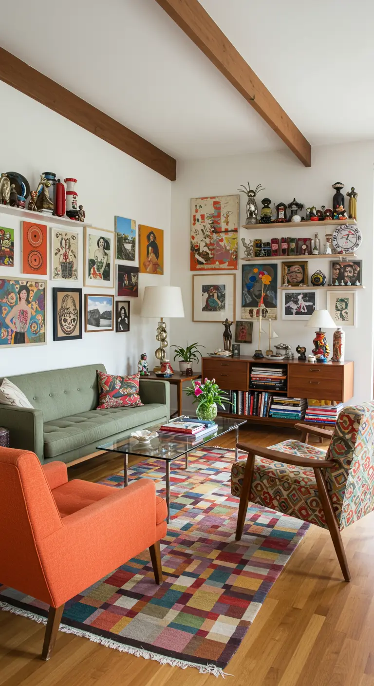 Eclectic living room filled with art, a green sofa, and a multicolored pixel-patterned rug.