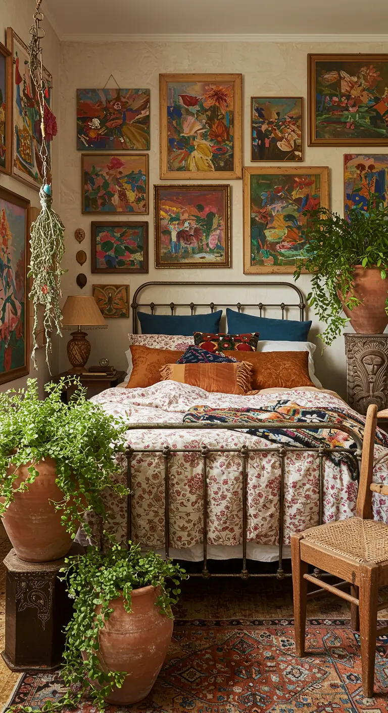 Eclectic bedroom with a dense gallery wall of colorful paintings.