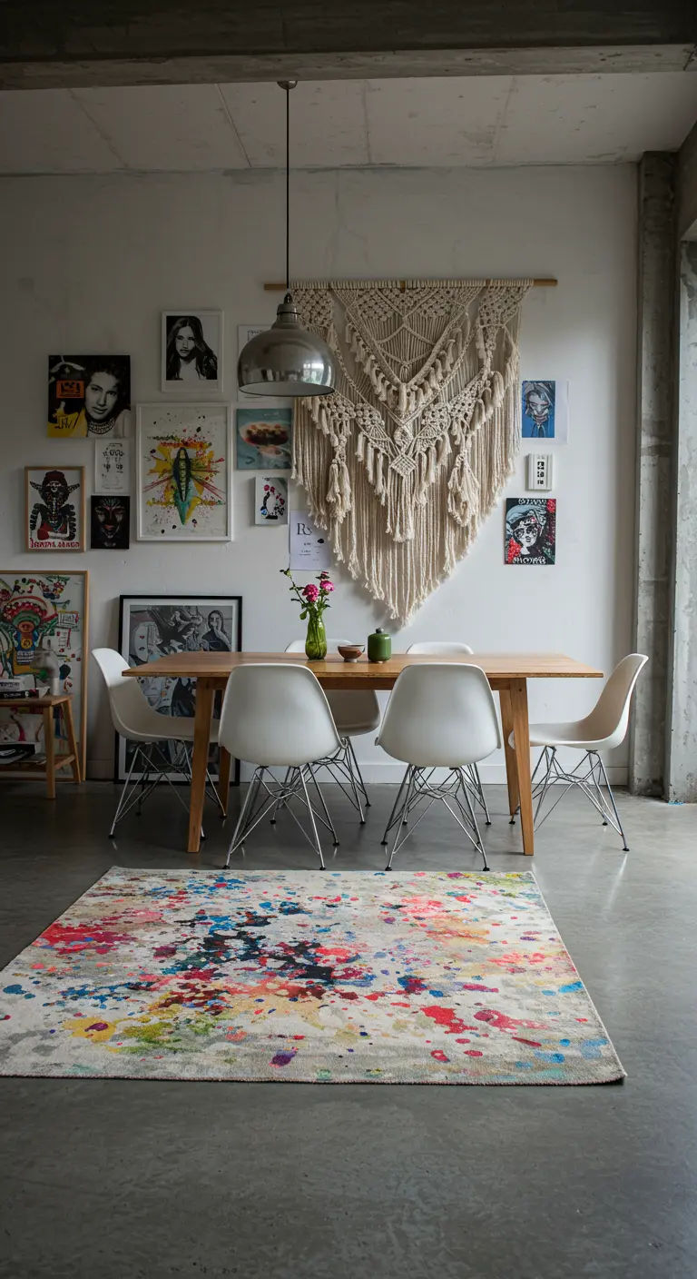 A dining area where a macramé hanging is the center of a gallery wall with various art prints.