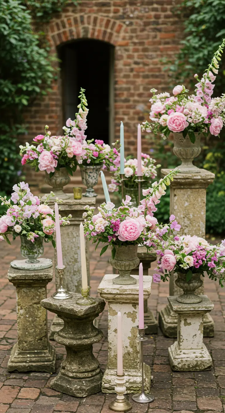 A collection of stone pedestals with pink peony arrangements and pastel taper candles.
