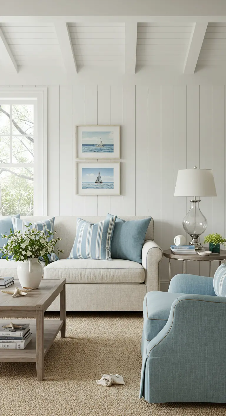A sofa with blue and striped pillows below two framed sailboat paintings on a shiplap wall.
