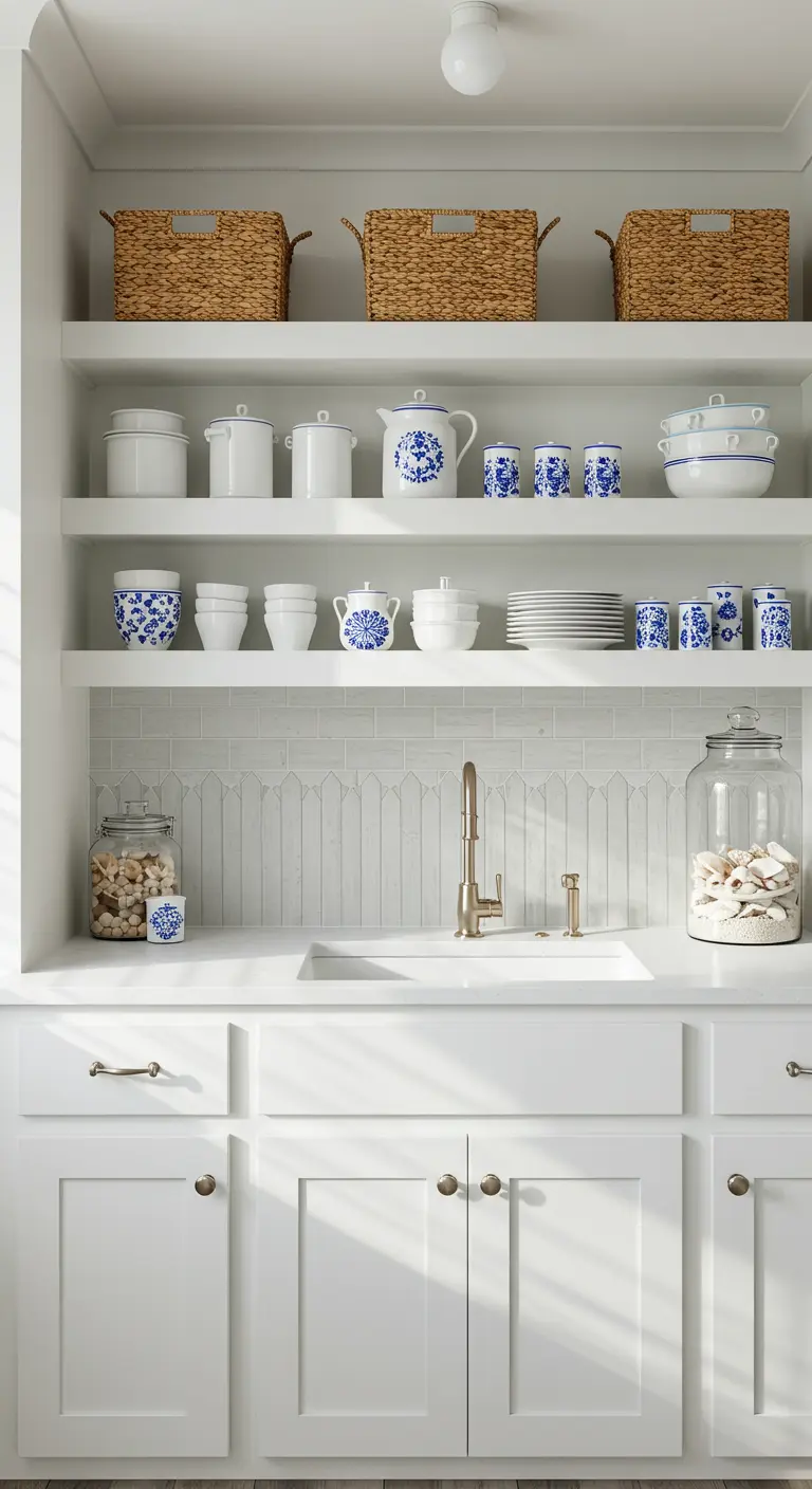 All-white kitchen with open shelves displaying blue and white ceramics and woven baskets.