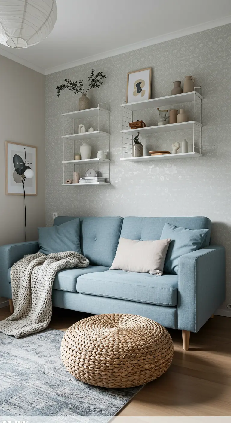 Light blue sofa in front of a subtly patterned wall with white wire shelves displaying pottery.