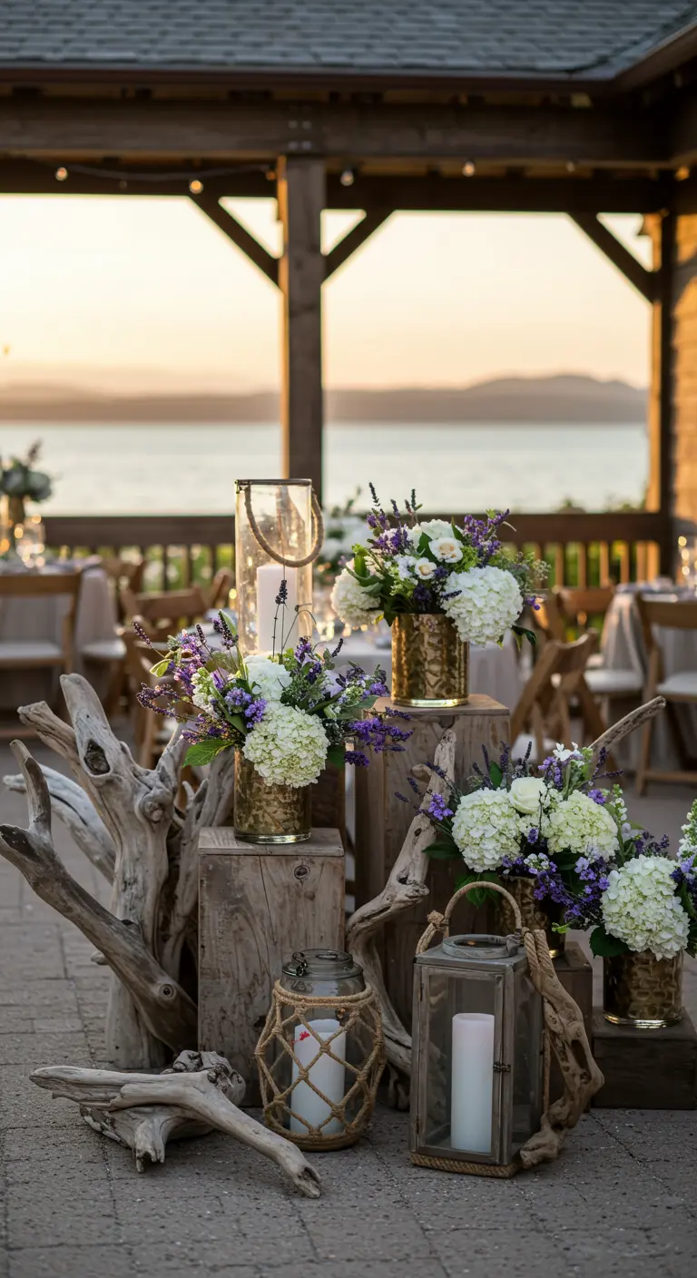 A coastal-themed display with driftwood, lanterns, and floral arrangements.