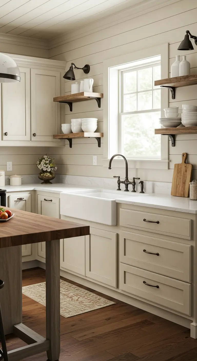 Farmhouse kitchen with cream cabinets, an apron-front sink, and curated wooden open shelves.