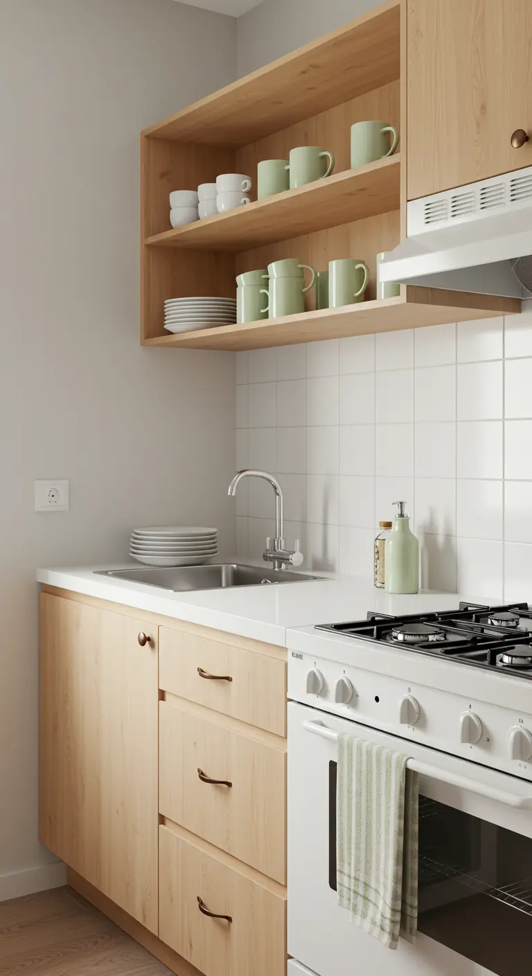 Light wood kitchen shelves with neatly stacked pale green mugs and white plates.