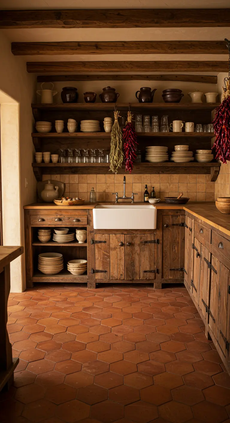 A rustic kitchen with wood cabinets, open shelves of pottery, and terracotta tile floors.