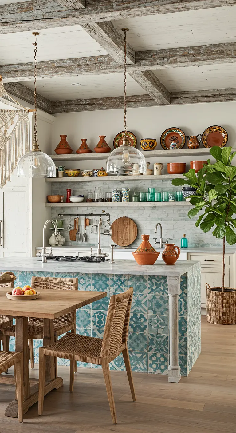 A kitchen with open shelving full of colorful pottery and a vibrant turquoise tiled island.