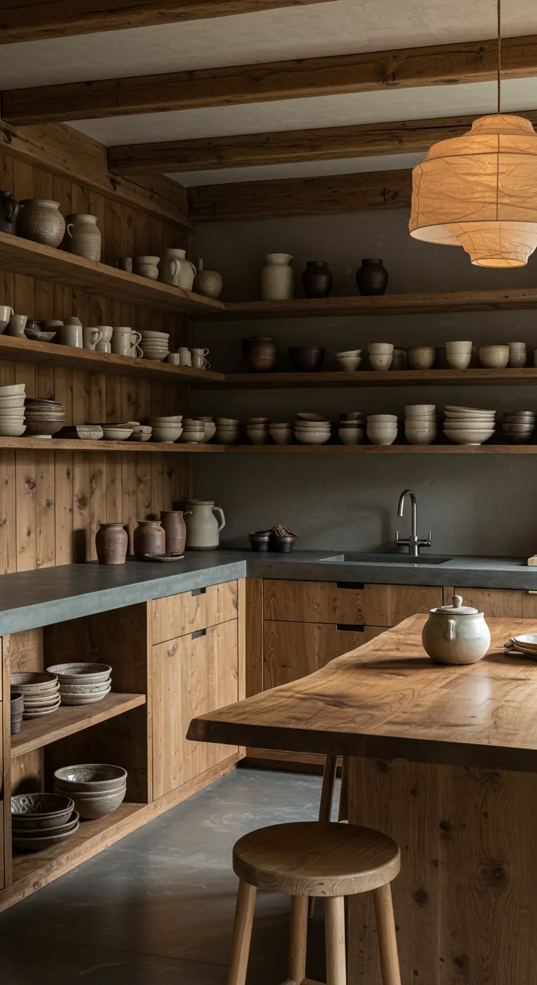 A rustic kitchen with open wooden shelves displaying handmade pottery.