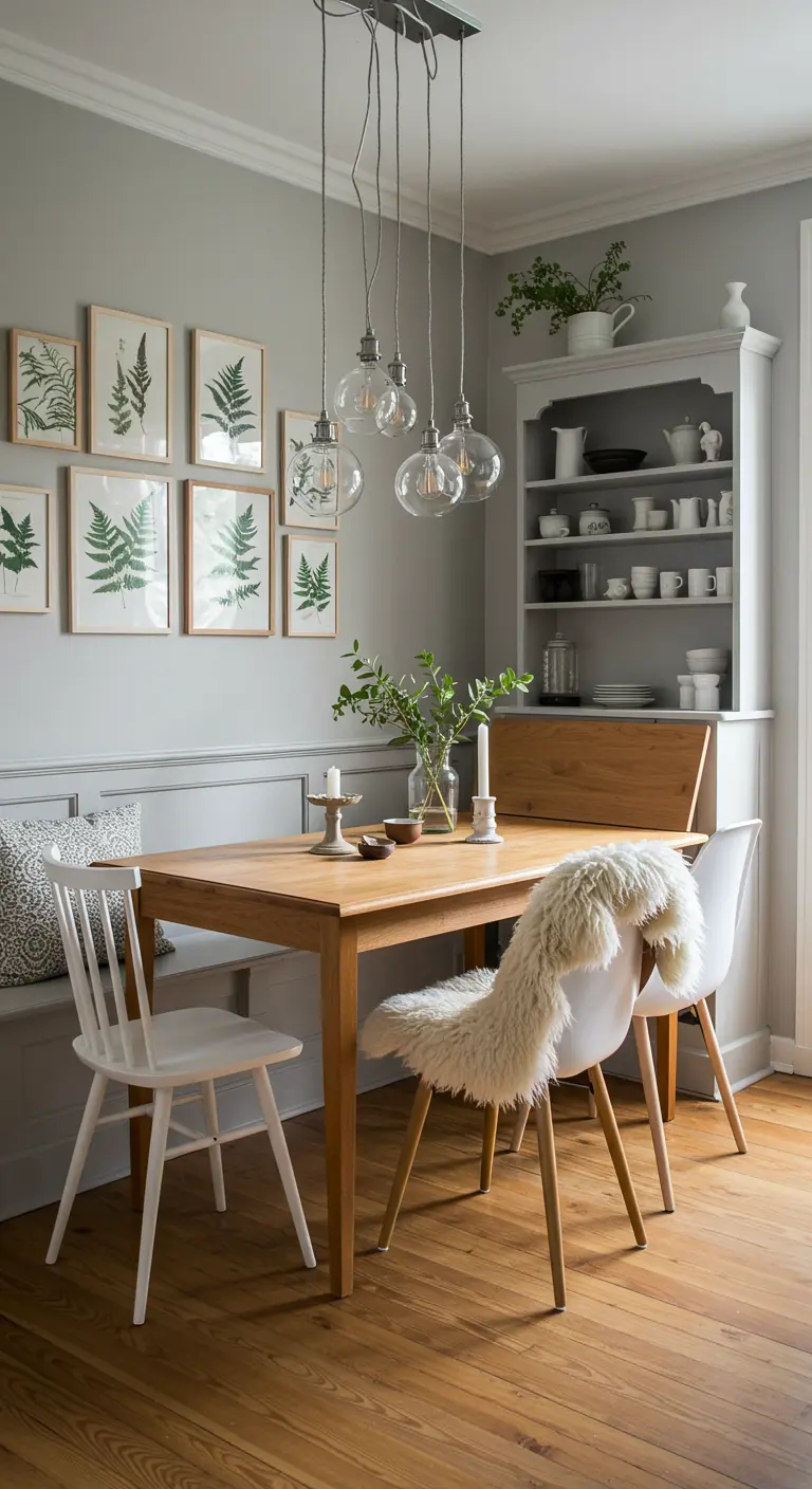 Oak dining table with a bench and mixed chairs, gallery wall with botanical prints, and a grey hutch.