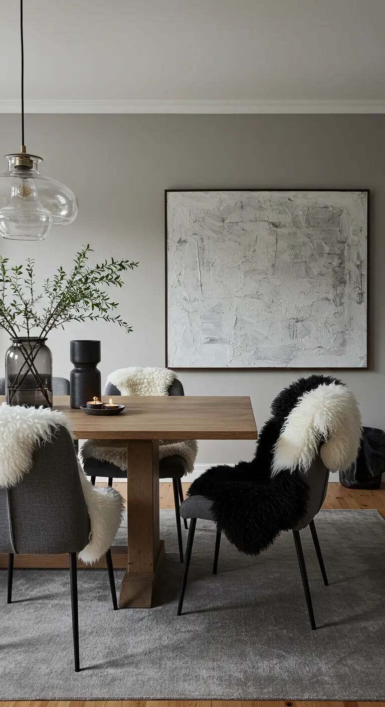Oak dining table with mixed upholstered chairs, some with black and white sheepskin throws, under a clear glass pendant light.
